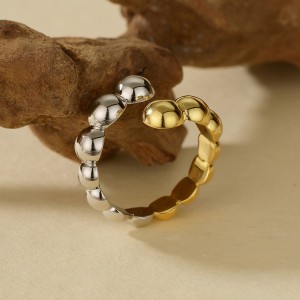 925 Sterling Silver Adjustable Two-Tone Beaded Open Ring 70400258
