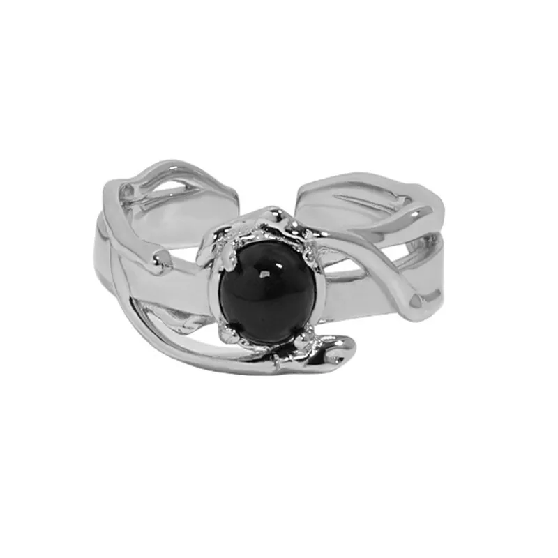 925 Sterling Silver Black Agate Moonstone Adjustable Open Ring 70400260