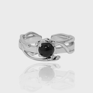 925 Sterling Silver Black Agate Moonstone Adjustable Open Ring 70400260