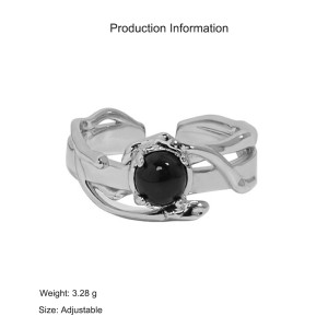 925 Sterling Silver Black Agate Moonstone Adjustable Open Ring 70400260