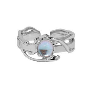 925 Sterling Silver Black Agate Moonstone Adjustable Open Ring 70400260