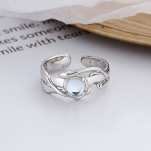 925 Sterling Silver Black Agate Moonstone Adjustable Open Ring 70400260