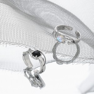 925 Sterling Silver Black Agate Moonstone Adjustable Open Ring 70400260