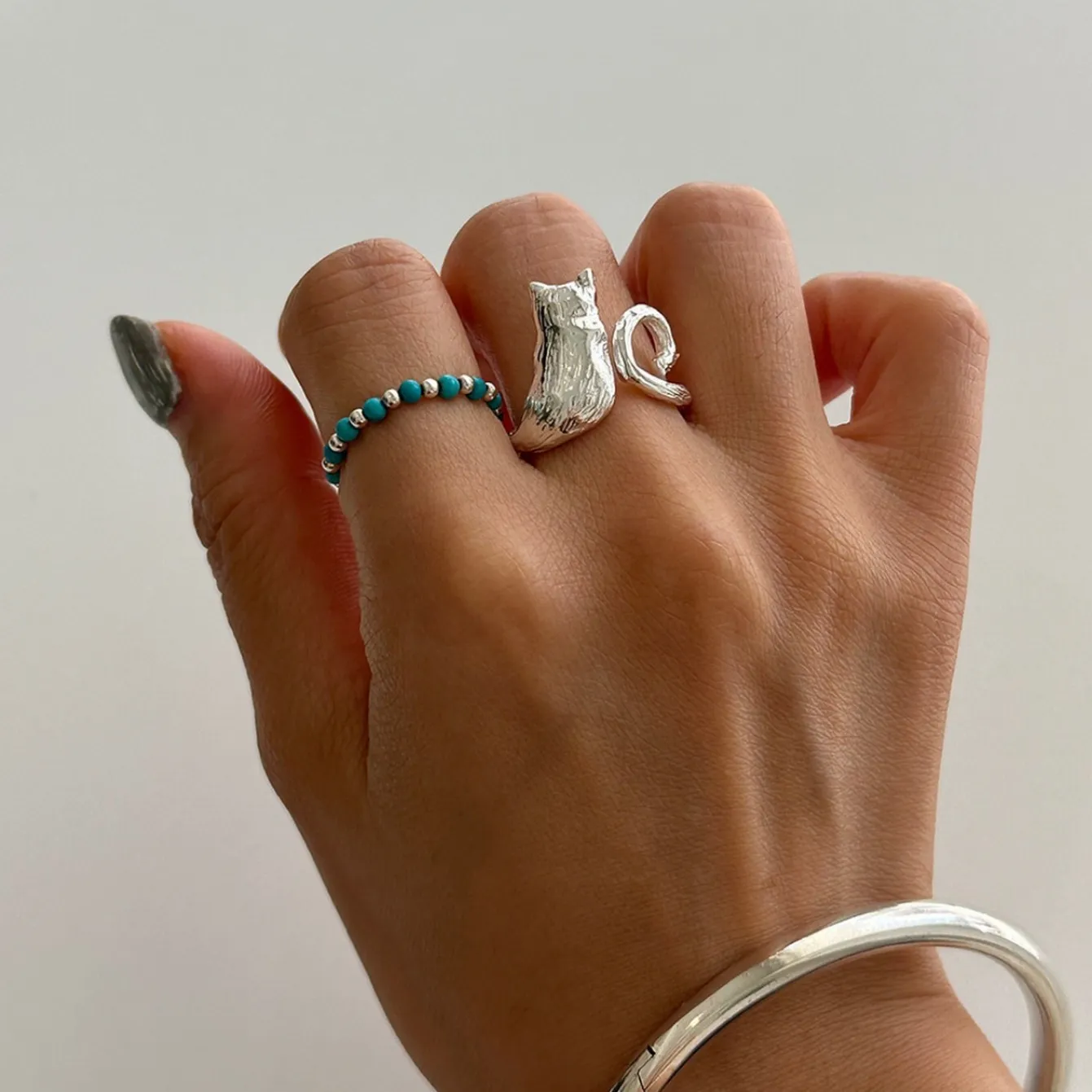 925 Sterling Silver Adjustable Hugging Cat Open Ring 70400264 - image1