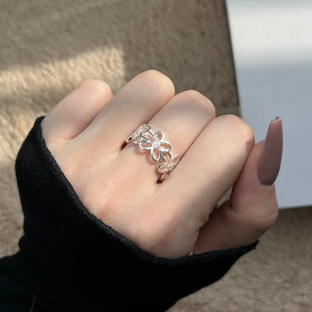 925 Sterling Silver Adjustable Pave CZ Flower Open Ring 70400270 - image4
