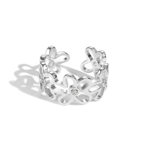 925 Sterling Silver Adjustable Pave CZ Flower Open Ring 70400270