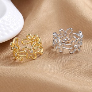 925 Sterling Silver Adjustable Pave CZ Flower Open Ring 70400270
