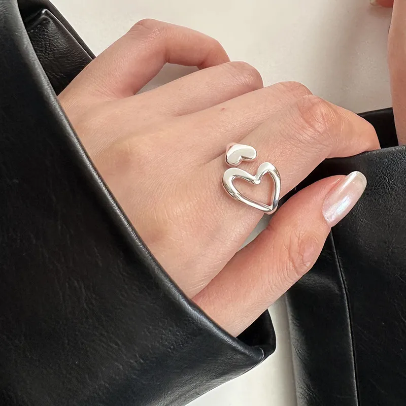 925 Sterling Silver Adjustable Hollow Heart Ring 70400276 - image1