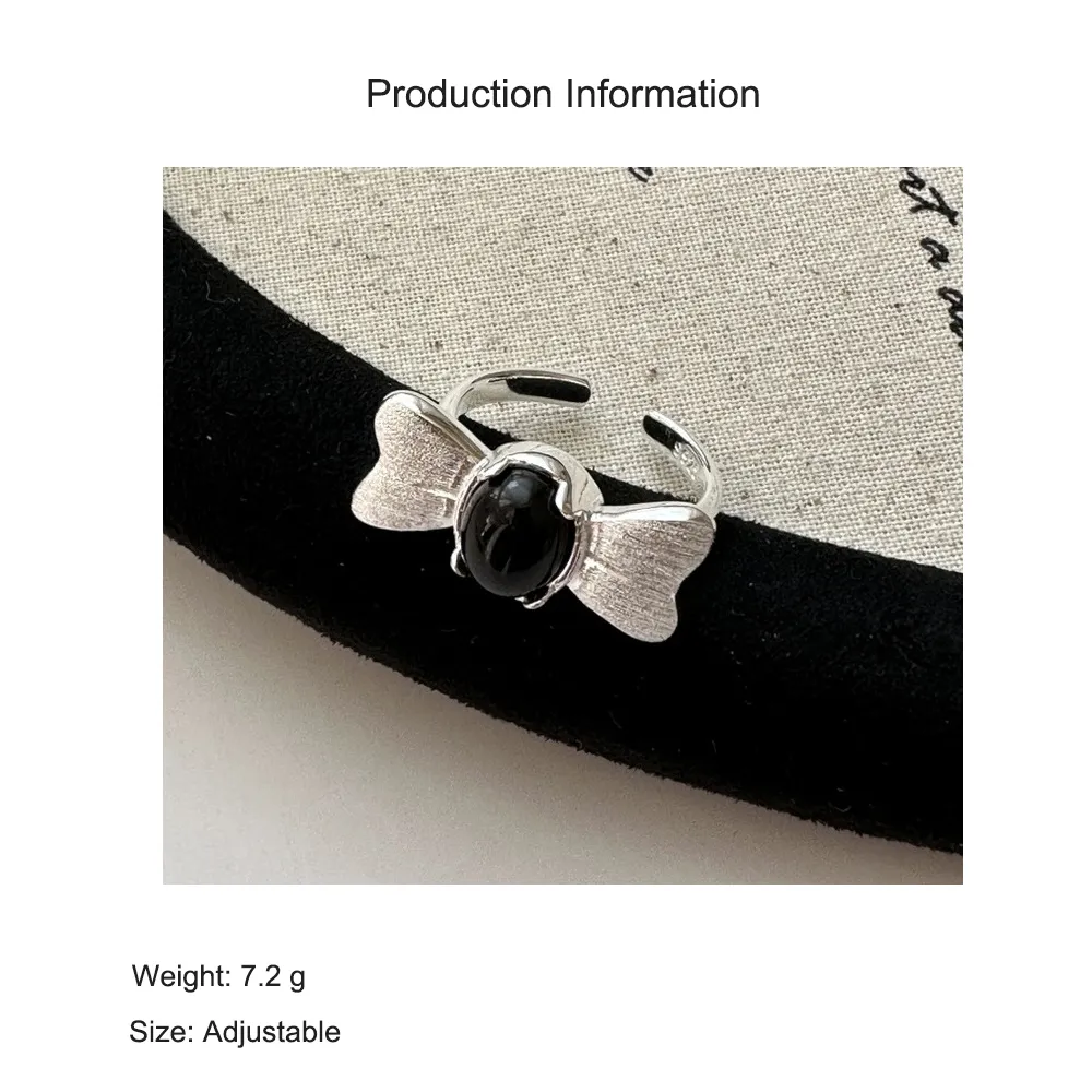 925 Sterling Silver Frosted Bow Black Agate Adjustable Ring 70400280 - image2