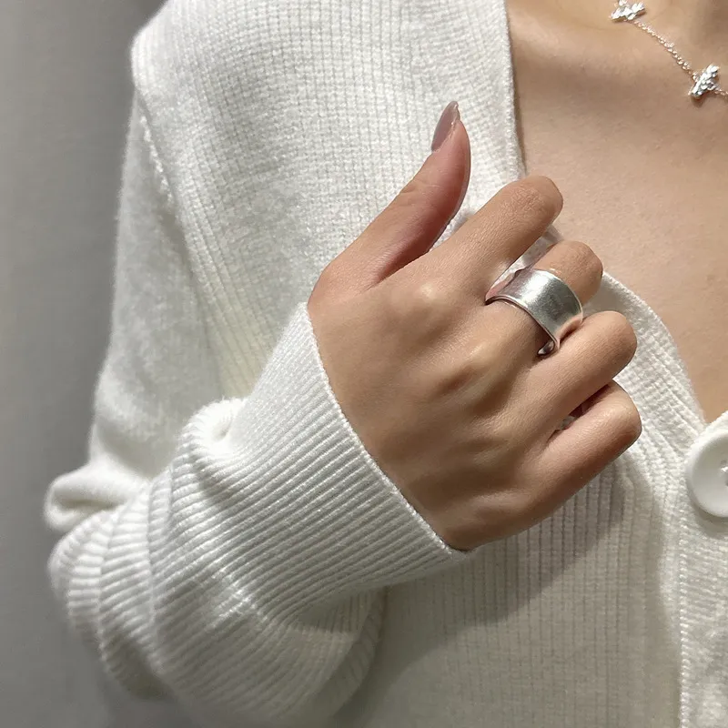 925 Sterling Silver Minimalist Retro Matte Wide Open Finger Ring 70400287 - image1