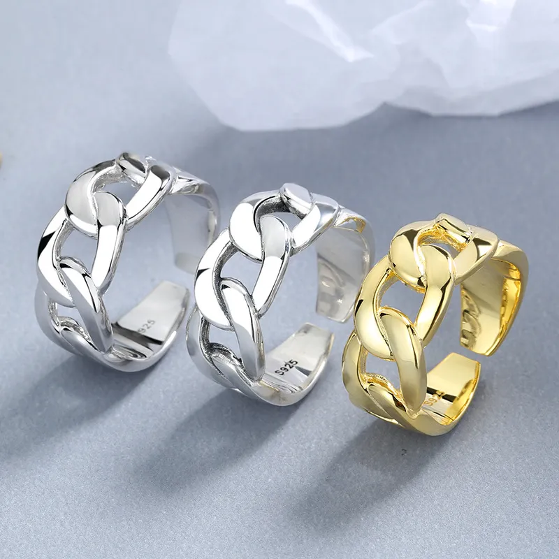 925 Sterling Silver Adjustable Chunky Sideways Chain Open Ring 70400289 - image1