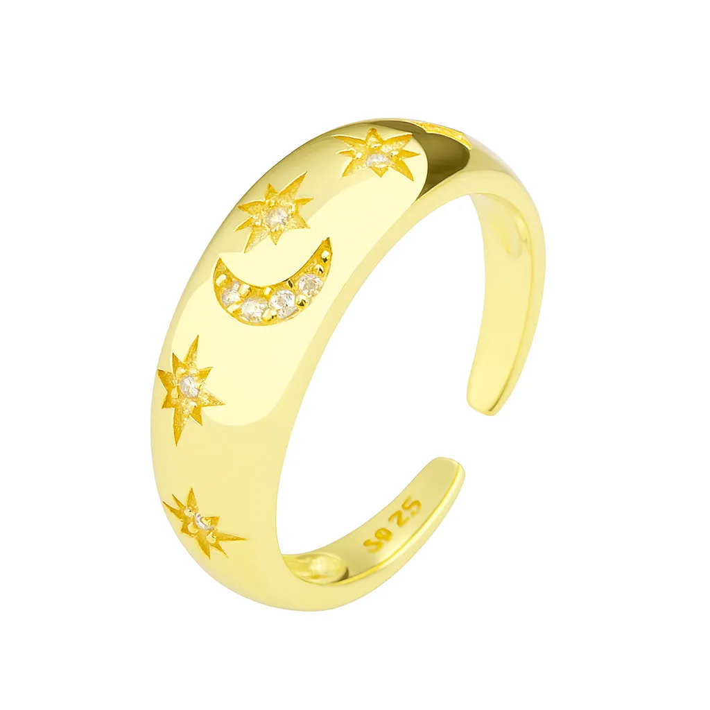 925 Sterling Silver Adjustable Pave CZ Star Moon Open Ring 70400291