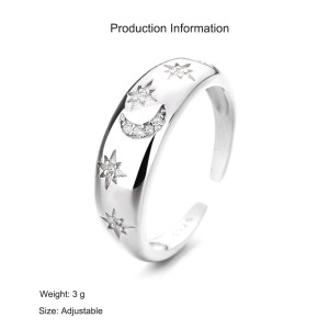925 Sterling Silver Adjustable Pave CZ Star Moon Open Ring 70400291