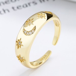 925 Sterling Silver Adjustable Pave CZ Star Moon Open Ring 70400291