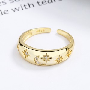 925 Sterling Silver Adjustable Pave CZ Star Moon Open Ring 70400291