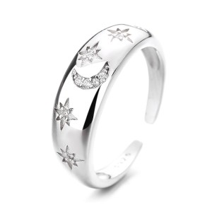 925 Sterling Silver Adjustable Pave CZ Star Moon Open Ring 70400291
