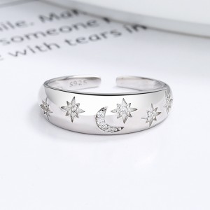925 Sterling Silver Adjustable Pave CZ Star Moon Open Ring 70400291