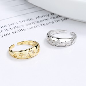 925 Sterling Silver Adjustable Pave CZ Star Moon Open Ring 70400291