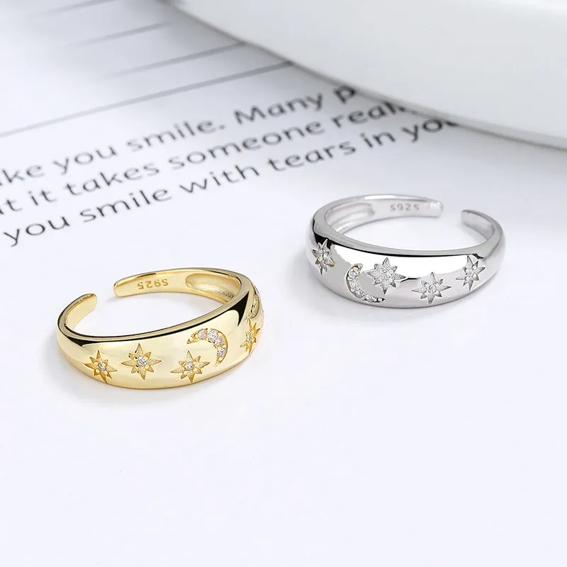 925 Sterling Silver Adjustable Pave CZ Star Moon Open Ring 70400291 - image1