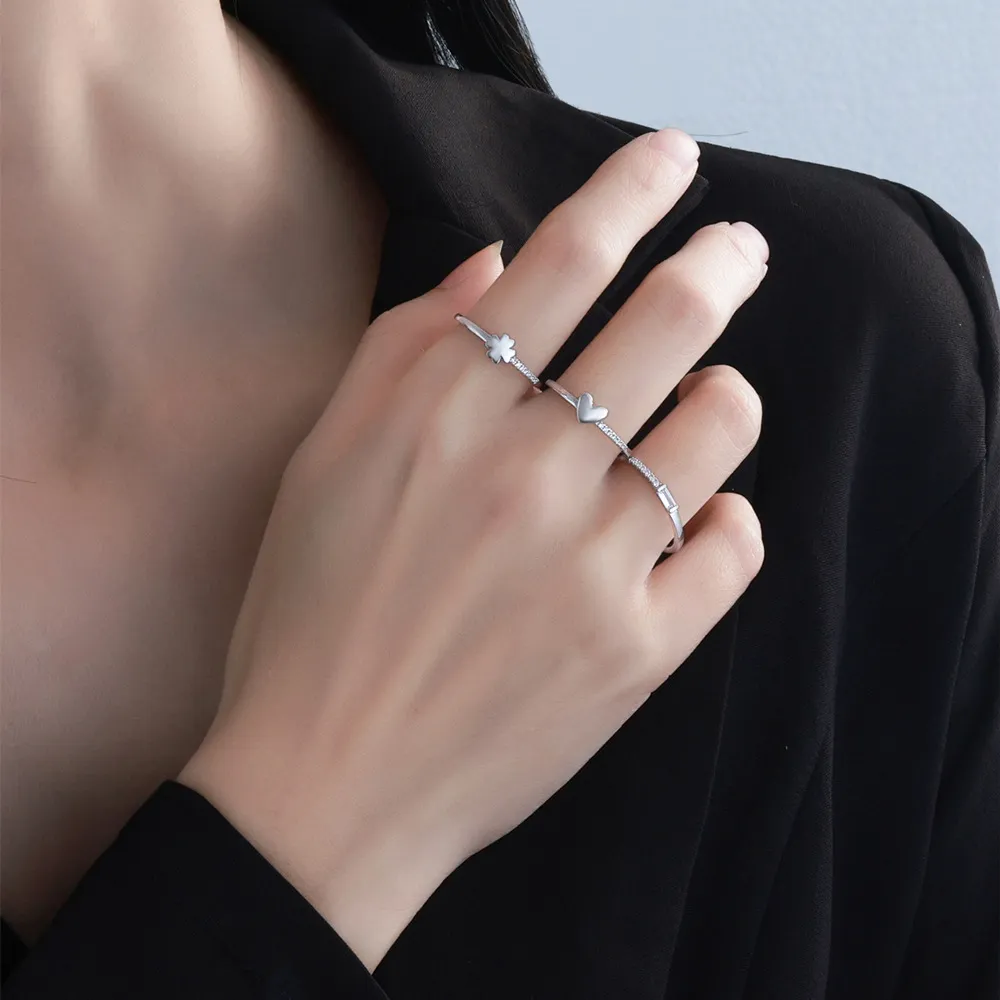 925 Sterling Silver Clover Heart Zirconia Triple Rings Set 70500006 - image1