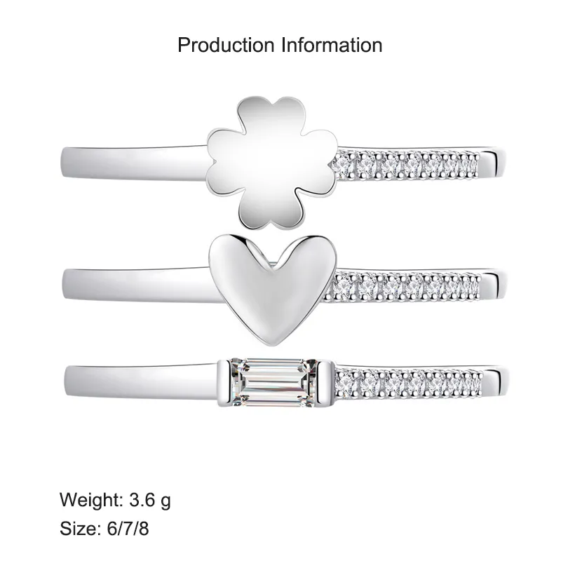 925 Sterling Silver Clover Heart Zirconia Triple Rings Set 70500006 - image2