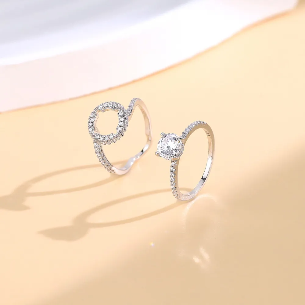 925 Sterling Silver Halo Engagement Zircon Ring Set 70500010 - image2