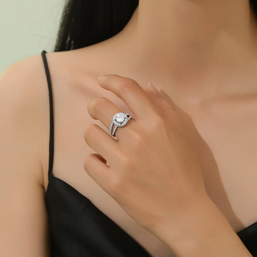 925 Sterling Silver Halo Engagement Zircon Ring Set 70500010 - image3
