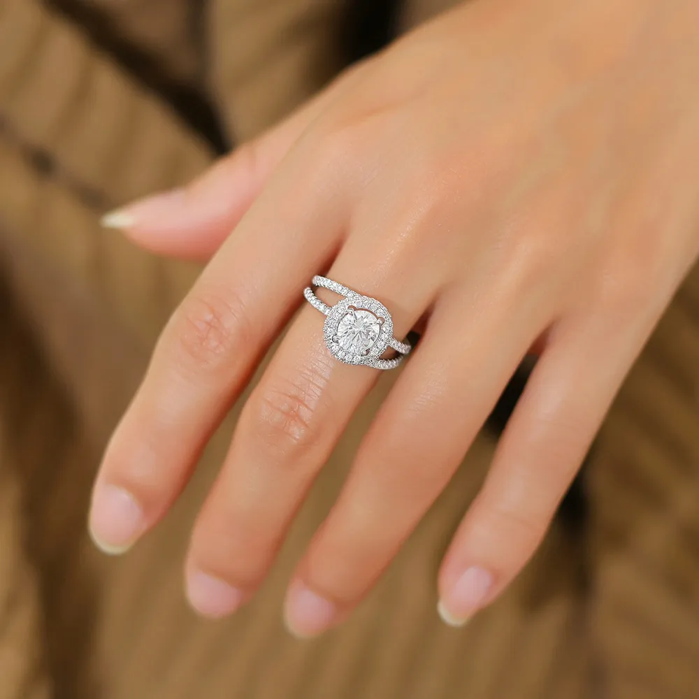 925 Sterling Silver Halo Engagement Zircon Ring Set 70500010 - image1