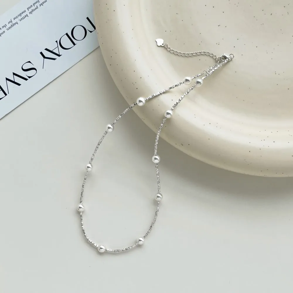 925 Sterling Silver Pearl Beads Chain Necklace 80100017 - image2