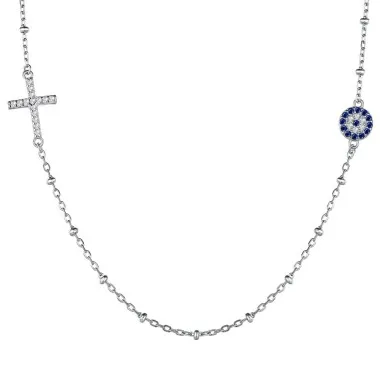 925 Sterling Silver Zirconia Evil Eye Cross Necklace 80100030