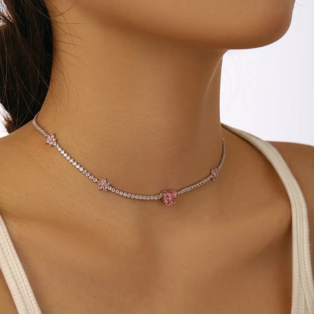 8A Zirconia Flower Heart Pendant Tennis Necklace 80100033 - image1
