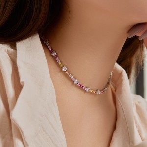 Rainbow Heart Round Zirconia Tennis Necklaces 80100044