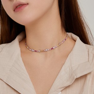 Rainbow Heart Round Zirconia Tennis Necklaces 80100044