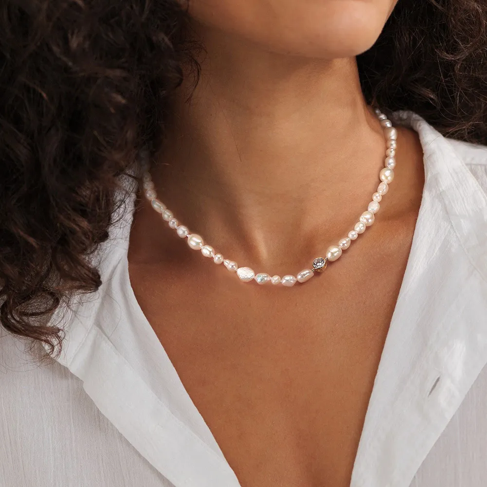 925 Sterling Silver Baroque Fresh Water Pearl Zirconia Necklace 80100053 - image3