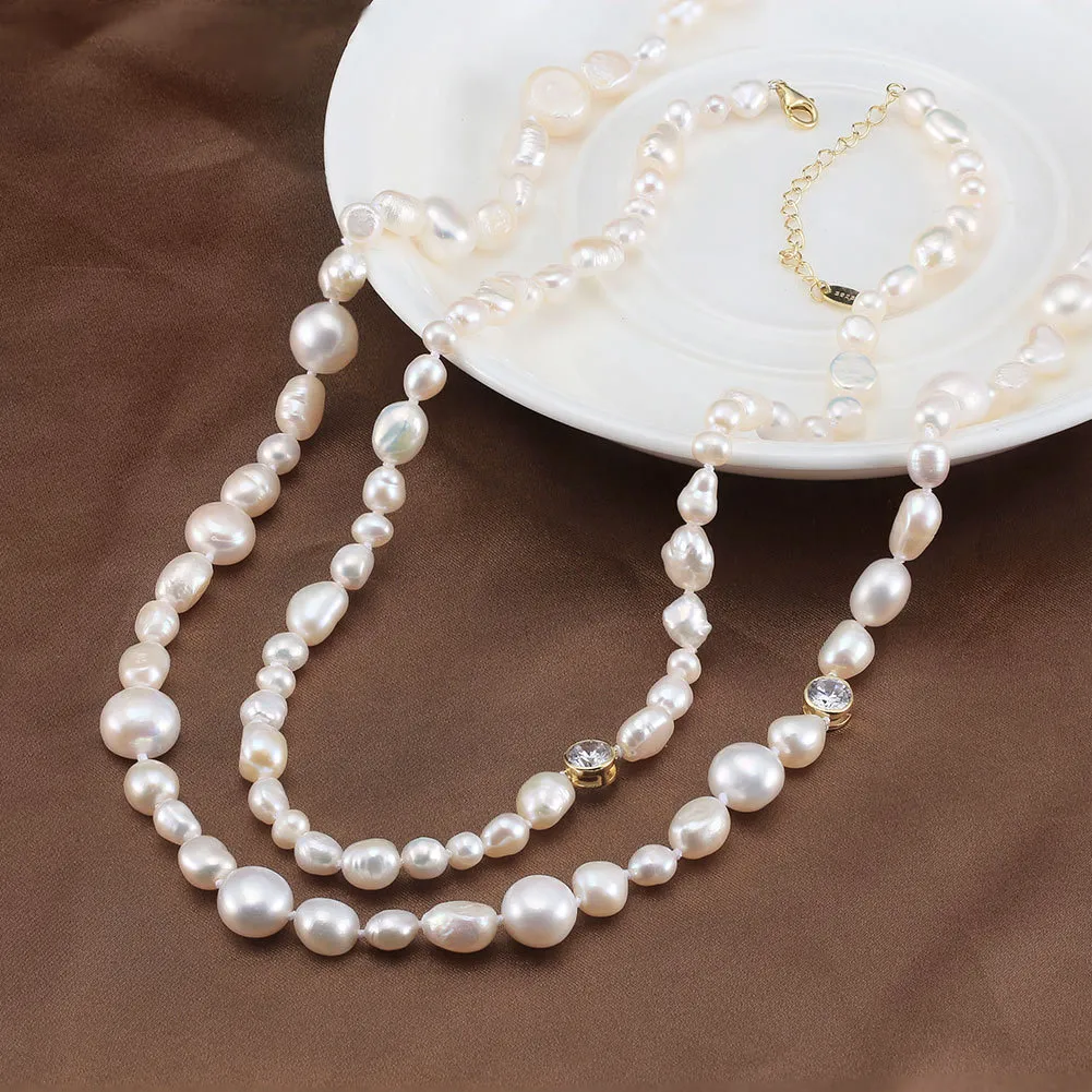 925 Sterling Silver Baroque Fresh Water Pearl Zirconia Necklace 80100053 - image1