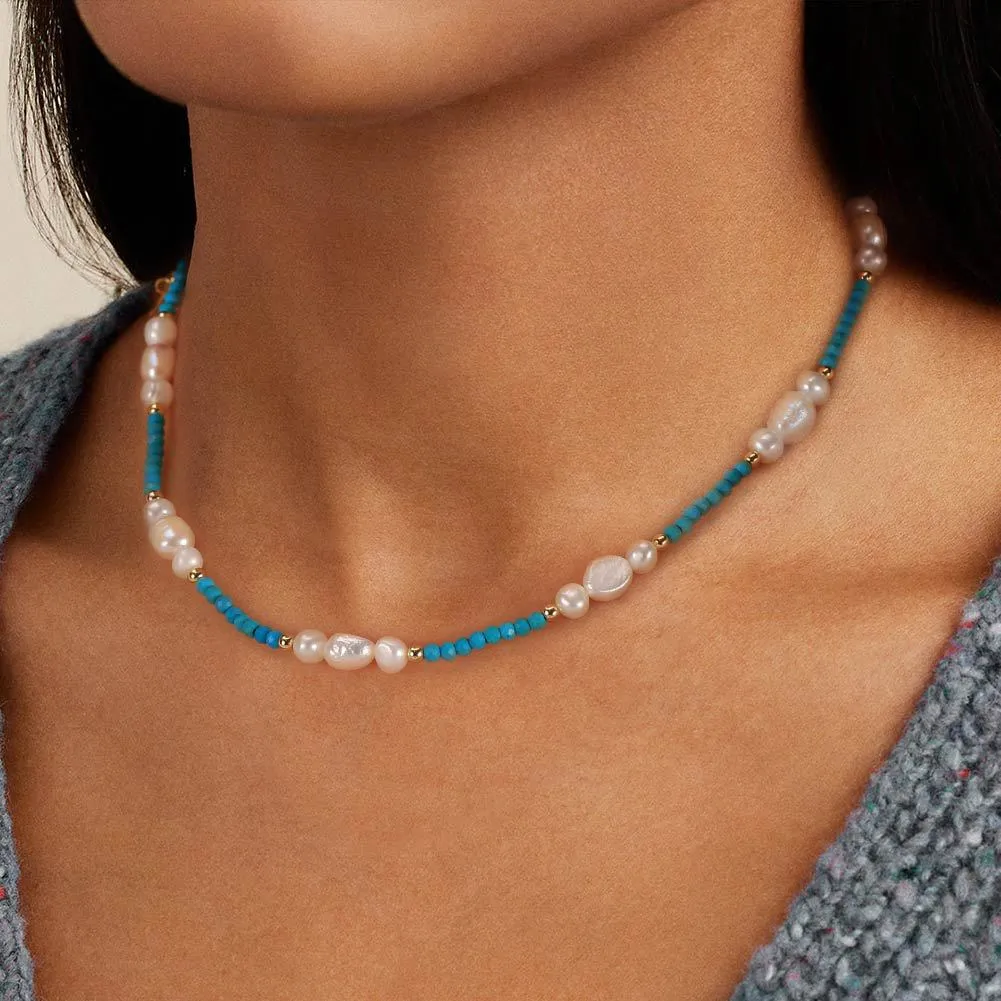 925 Sterling Silver Turquoise Fresh Water Pearl Necklace 80100054 - image1