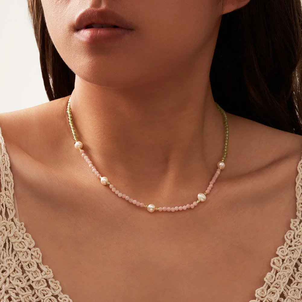 S925 Pink Opal Olivine Fresh Water Pearl Necklace 80100060 - image1