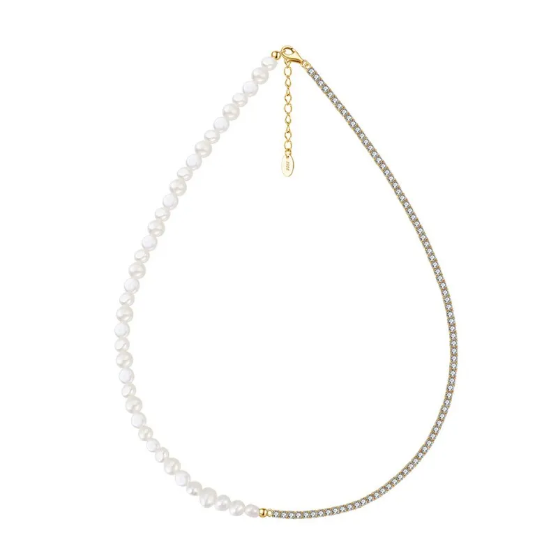 925 Sterling Silver Fresh Water Pearl Zirconia Tennis Necklace 80100071