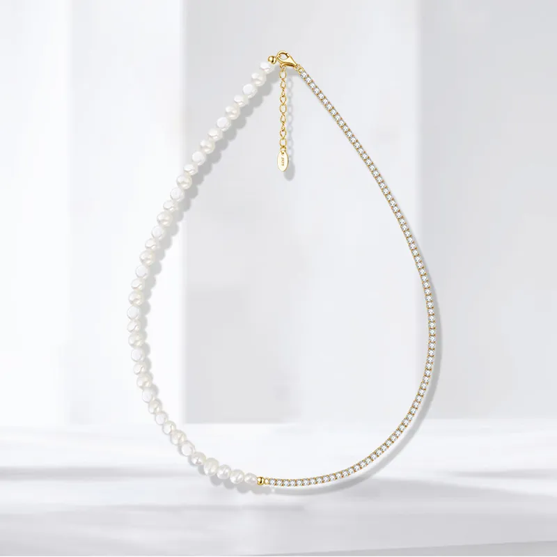925 Sterling Silver Fresh Water Pearl Zirconia Tennis Necklace 80100071 - image1