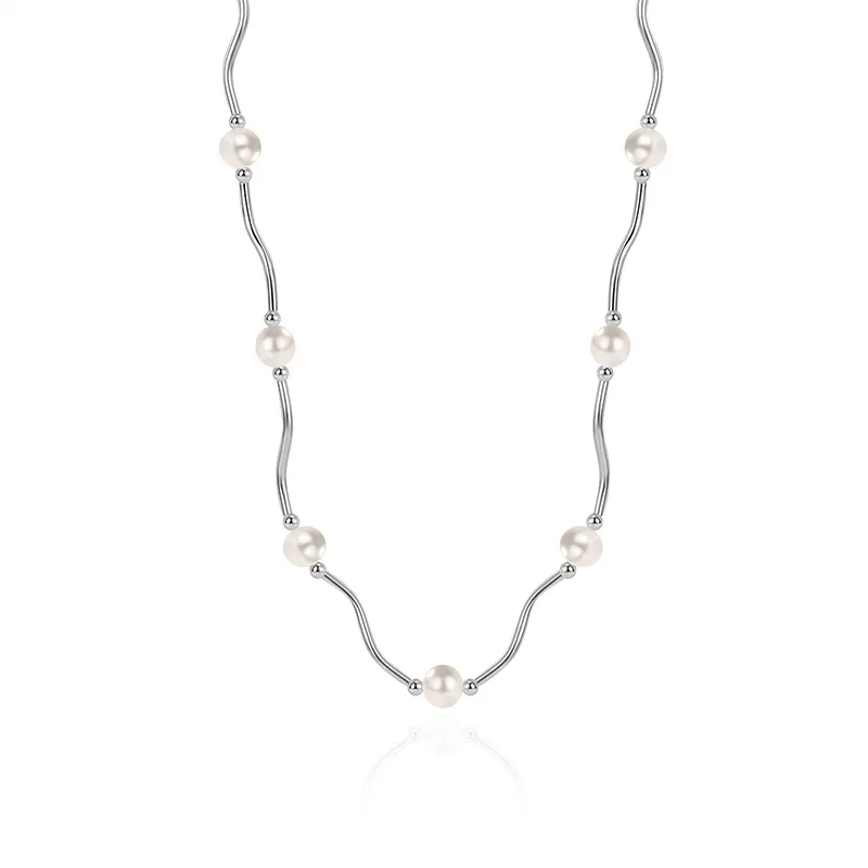 925 Sterling Silver Waved Tues Fresh Water Pearl Necklace 80100074