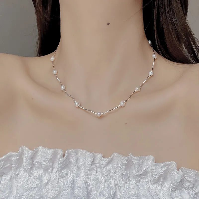 925 Sterling Silver Waved Tues Fresh Water Pearl Necklace 80100074 - image1