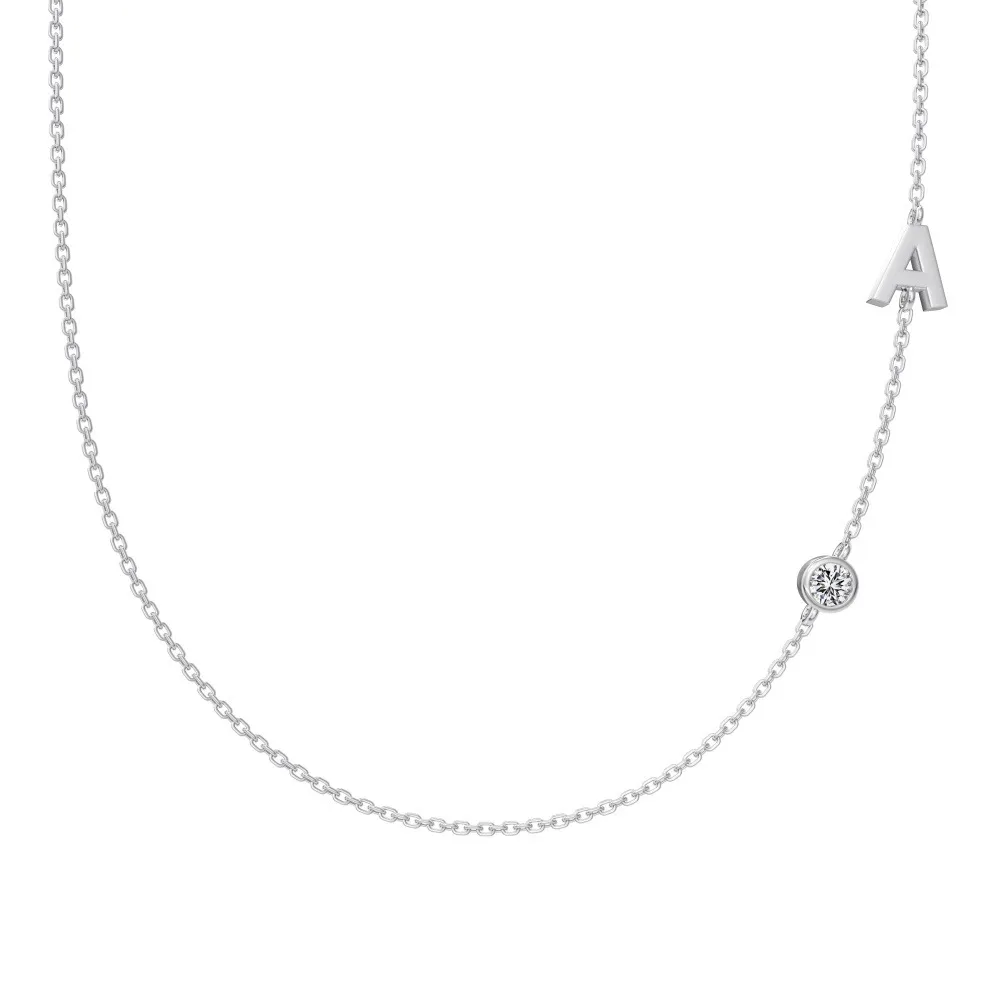 925 Sterling Silver Personalized Initial Alphabet Zircon Necklace 80100078