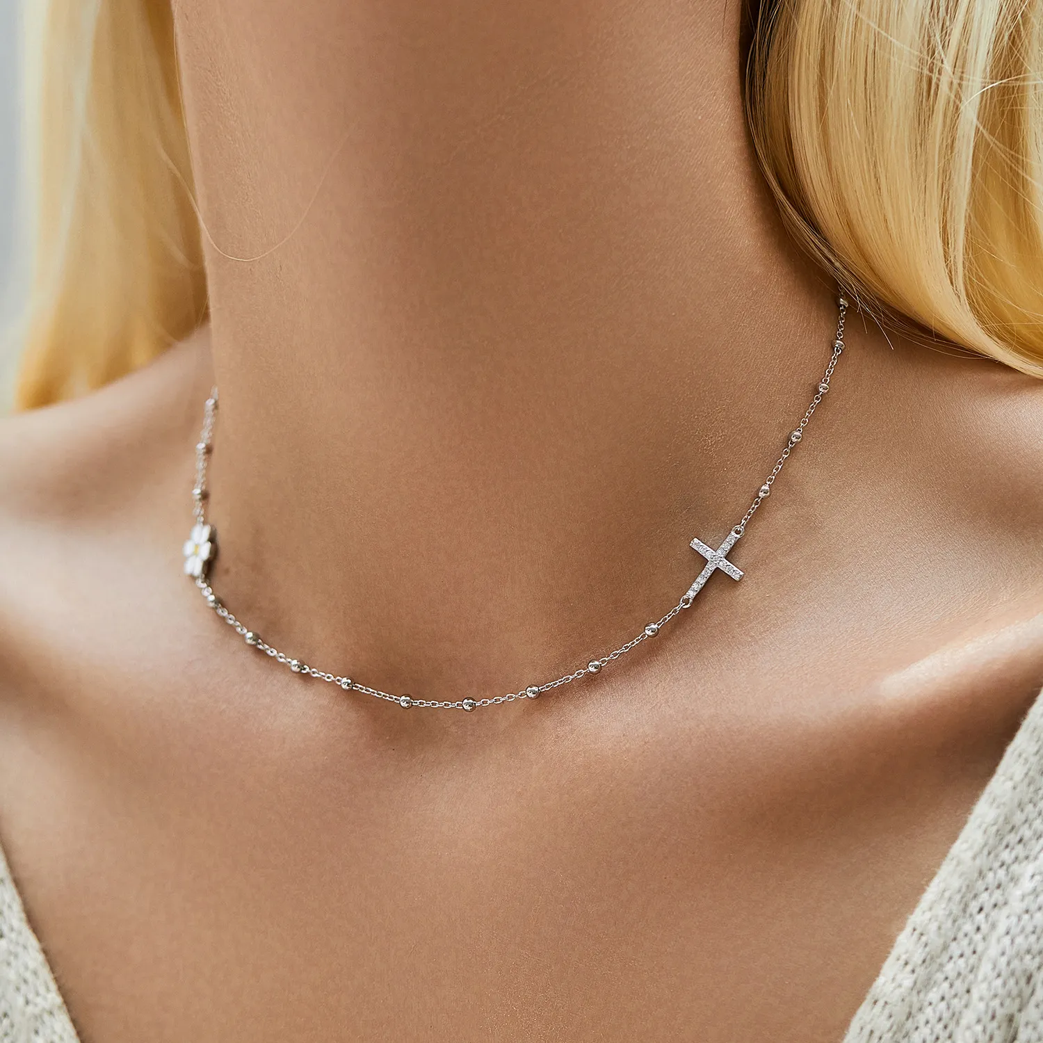 925 Sterling Silver Daisy Cross Choker Necklace 80100081 - image1
