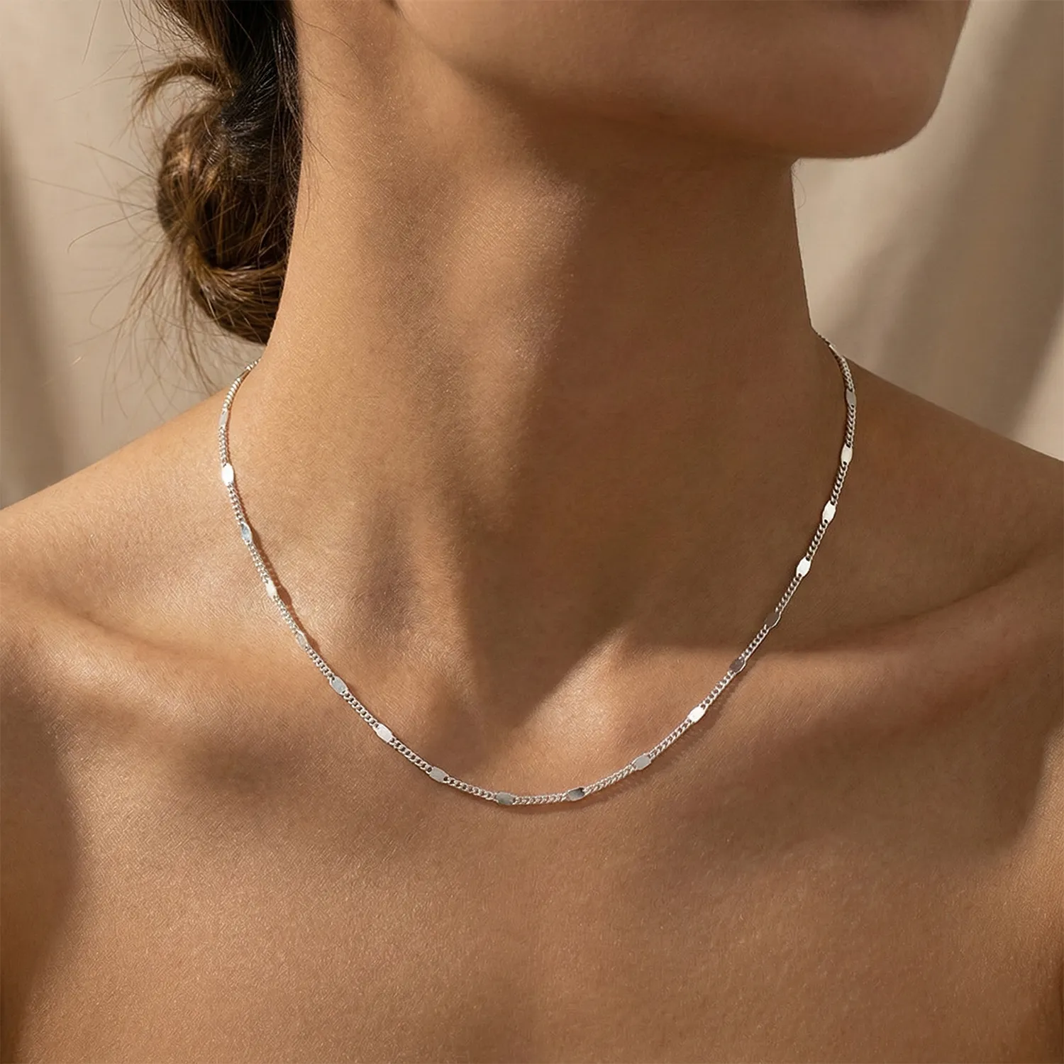 925 Sterling Silver Minimalist Flat Beaded Curb Station Chain 80100099 - image1