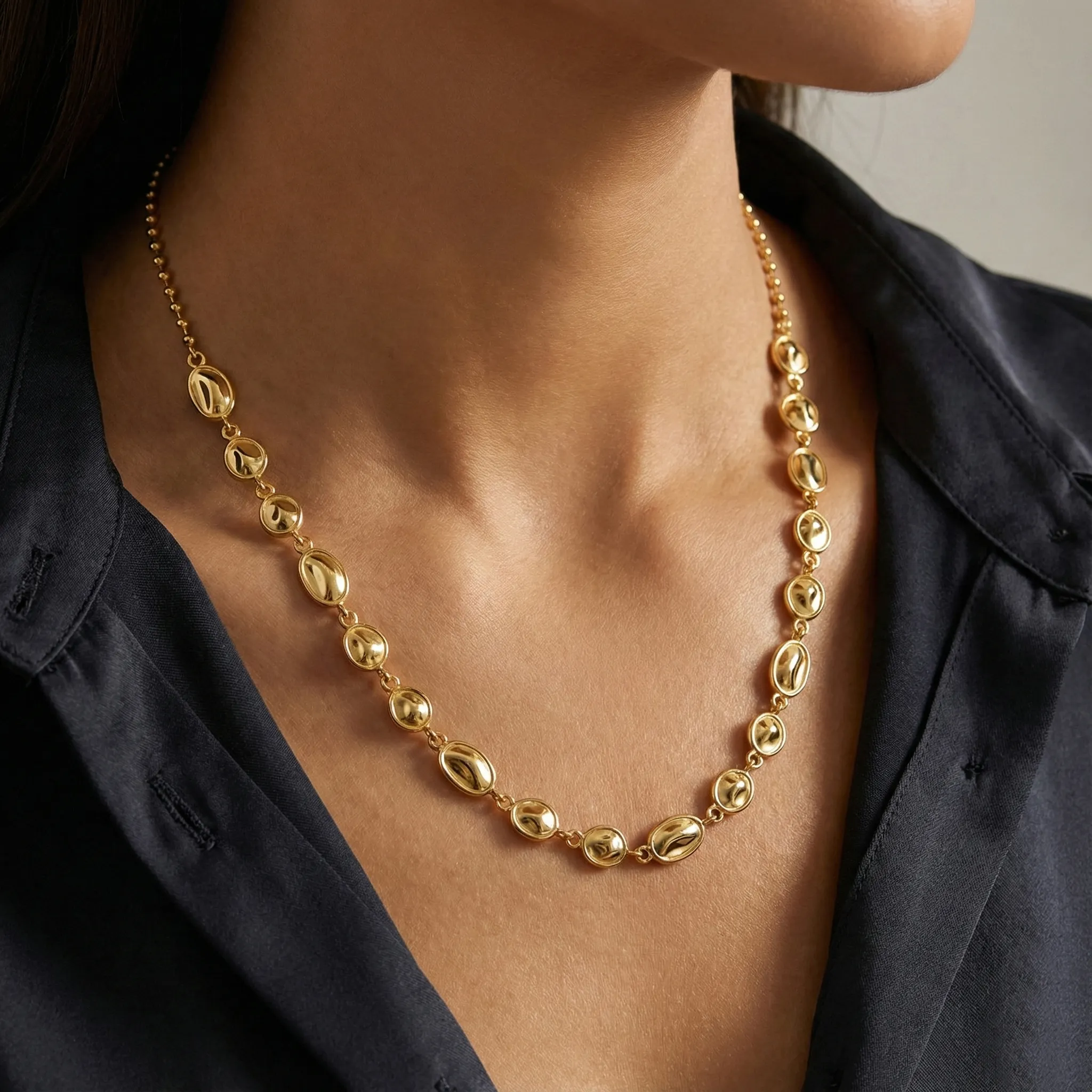 925 Sterling Silver Geometric Concave Bean Choker Necklace 80100101 - image1