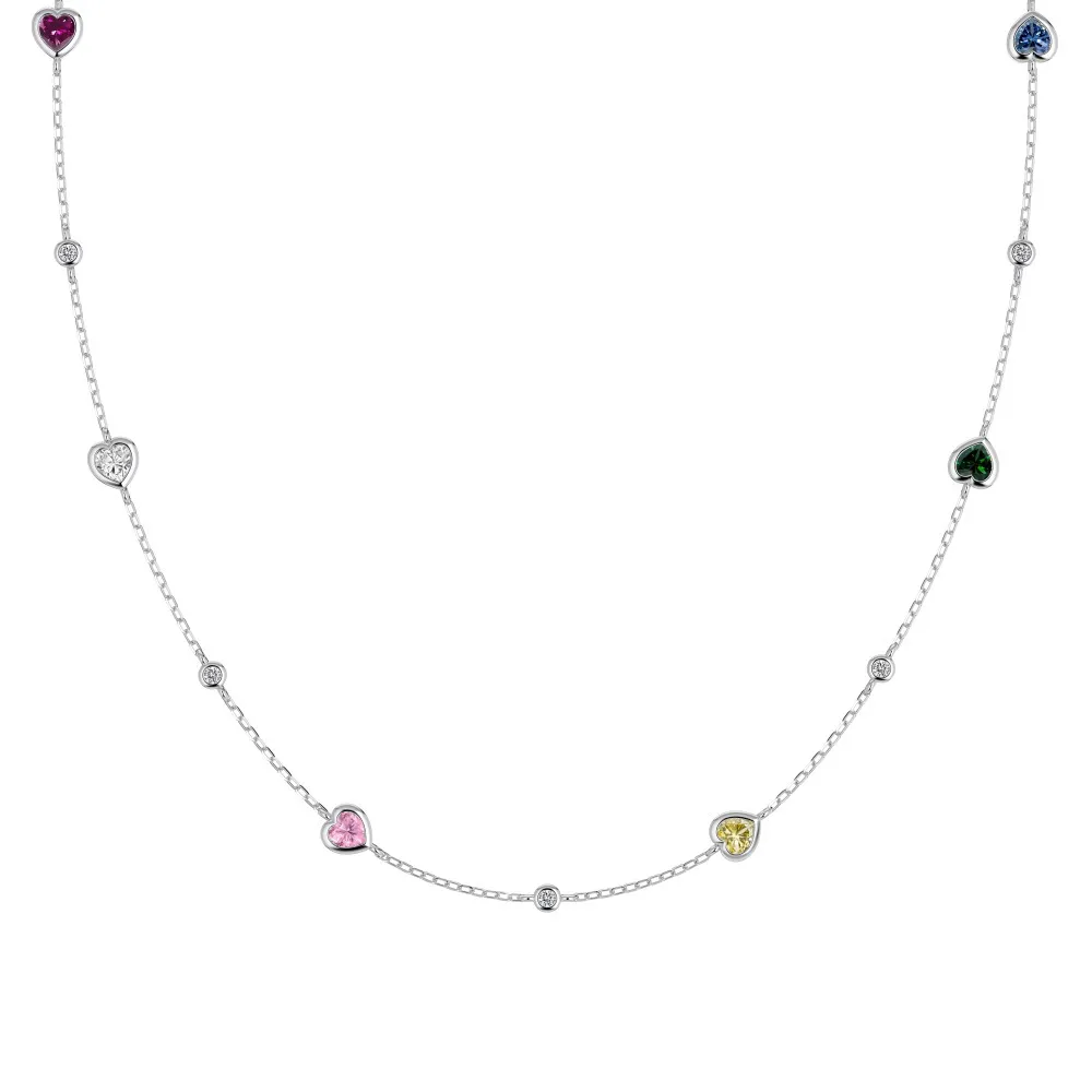 Wholesale 925 Sterling Silver Colorful Heart Station Necklace 80100102