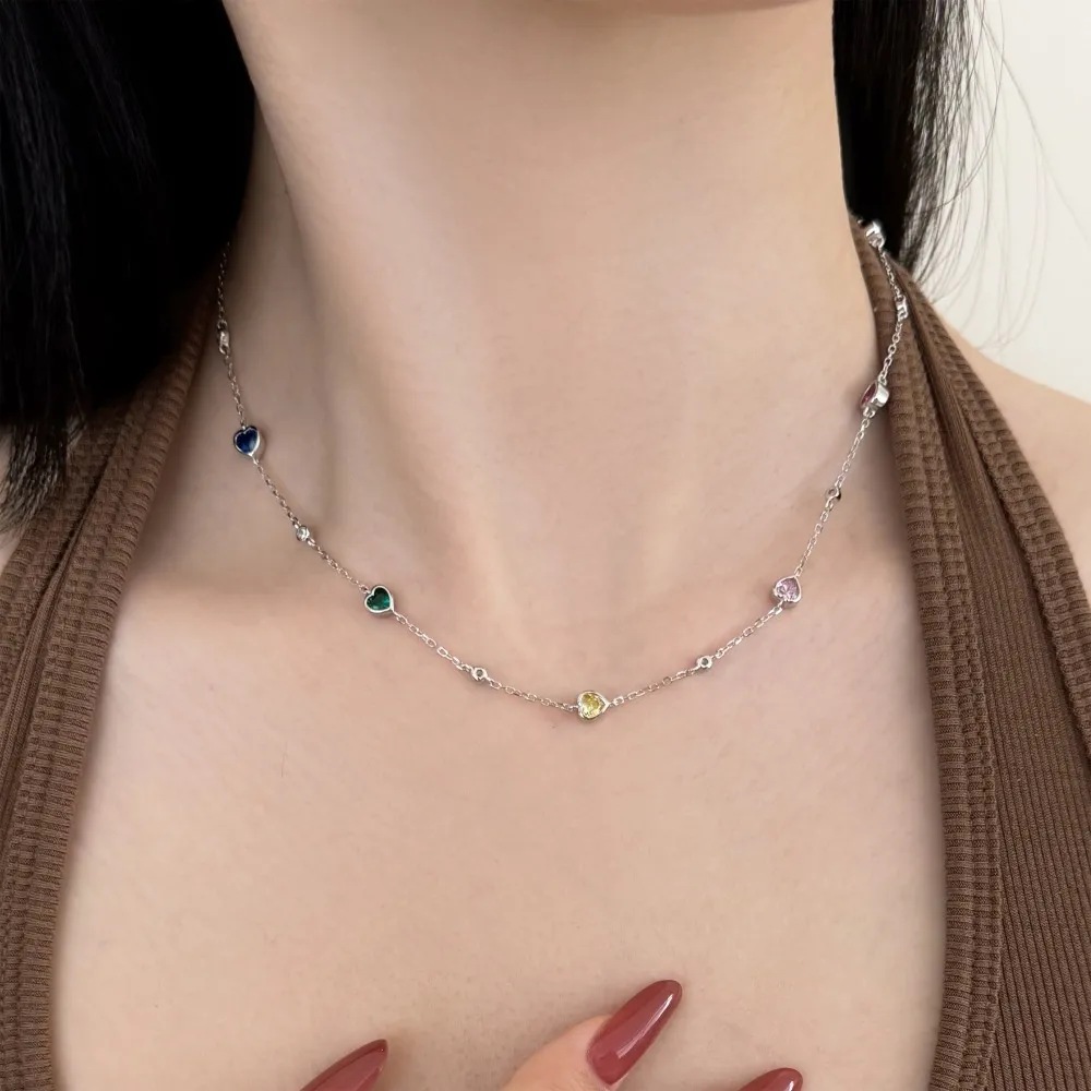 Wholesale 925 Sterling Silver Colorful Heart Station Necklace 80100102 - image1