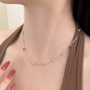 Wholesale 925 Sterling Silver Colorful Heart Station Necklace 80100102