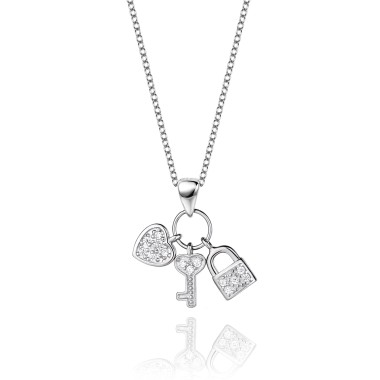 Silver Cubic Zirconia Lock Key Heart Necklace 80200113