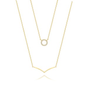 925 Sterling Silver Zirconia Circle V Shape Layered Neckalce 80200146